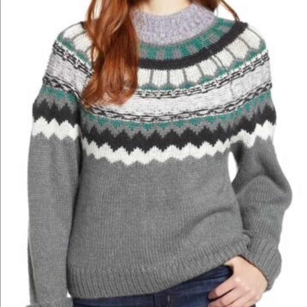 Caslon Gray Fair Isle Crewneck Sweater with Teal and Black Accents